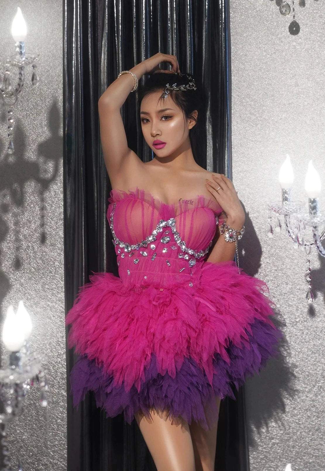 Free Size / Pink Cute Boutique Clothing Pink Rhinestone Off Shoulder Ball Gowns for Women Evening Dress Mesh Tutu Mini Birthday Party Prom Dress
