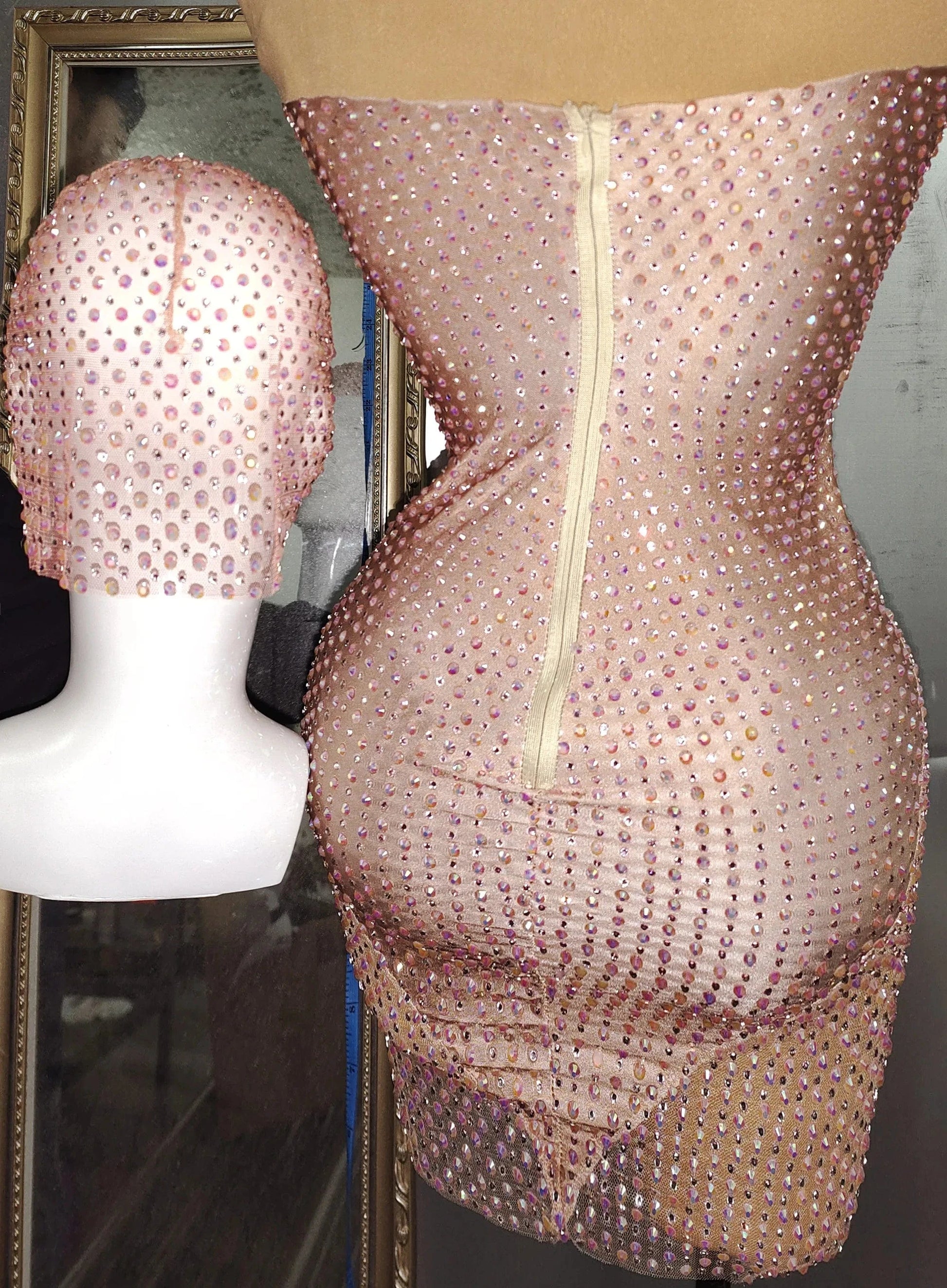 Free Size / Pink Sparkly V Neck Halter Perspective Pink Crystal Wedding Party Dress Sexy Latin Dance Stage Costume Women Bodycon Club Prom Dress