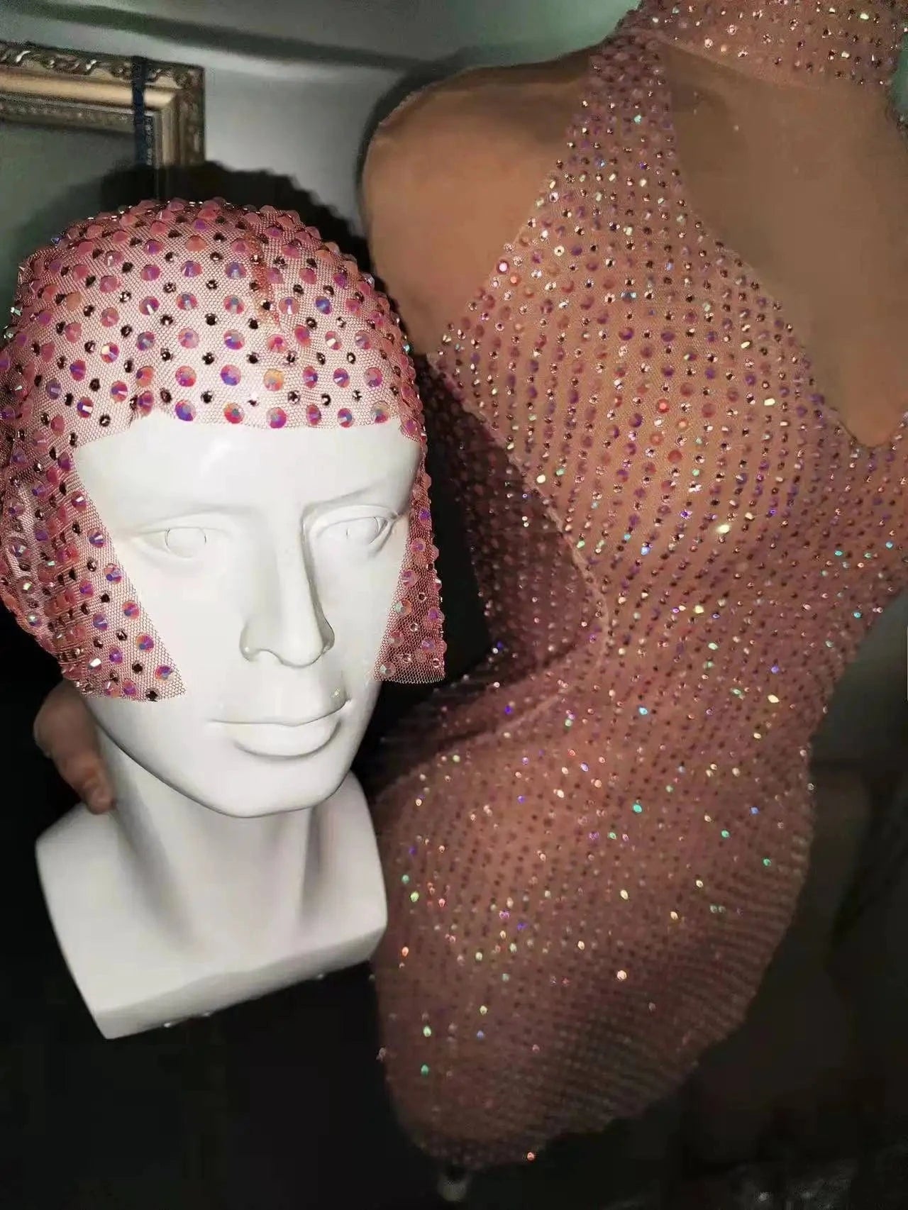 Free Size / Pink Sparkly V Neck Halter Perspective Pink Crystal Wedding Party Dress Sexy Latin Dance Stage Costume Women Bodycon Club Prom Dress