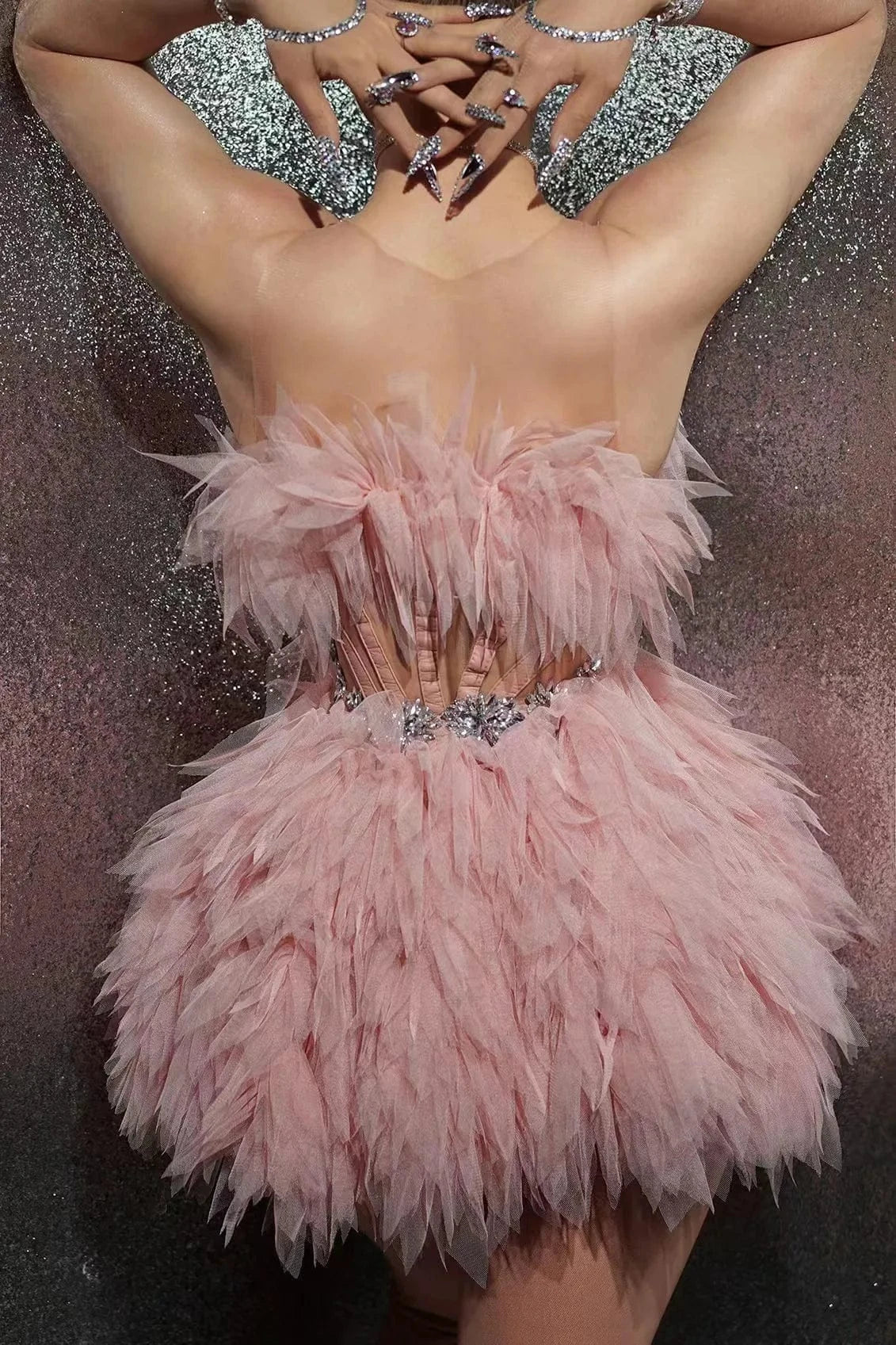 Free Size / Pink Vestido Fashion Sleeveless Pink Ruffles Rhinestone Cocktail Wedding Dinner Gown Women Short Evening Prom Dress Sexy Club Dresses