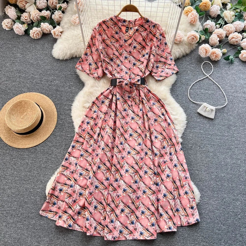 Free / Watermelon Red ANSZKTN Summer  Shirt Dress Women Printed Waist Wrapped Over Knee Large Swing Celebrity Fragmented Flower Long Dress
