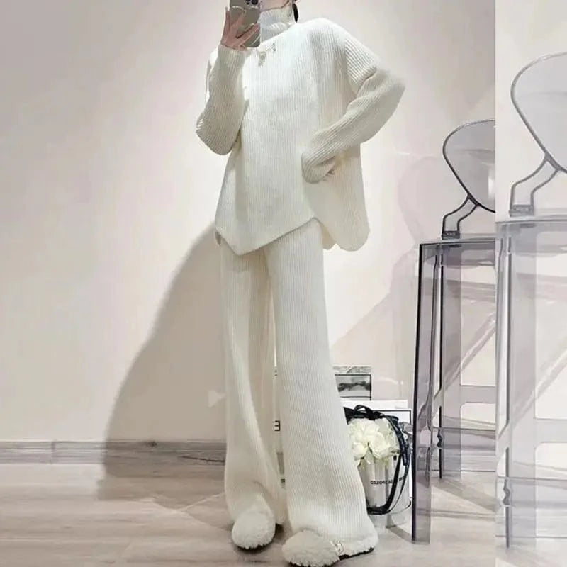 Free / White 2024 autumn high-quality best-selling crewneck long sleeve loose solid color knit sweater two-piece pants set