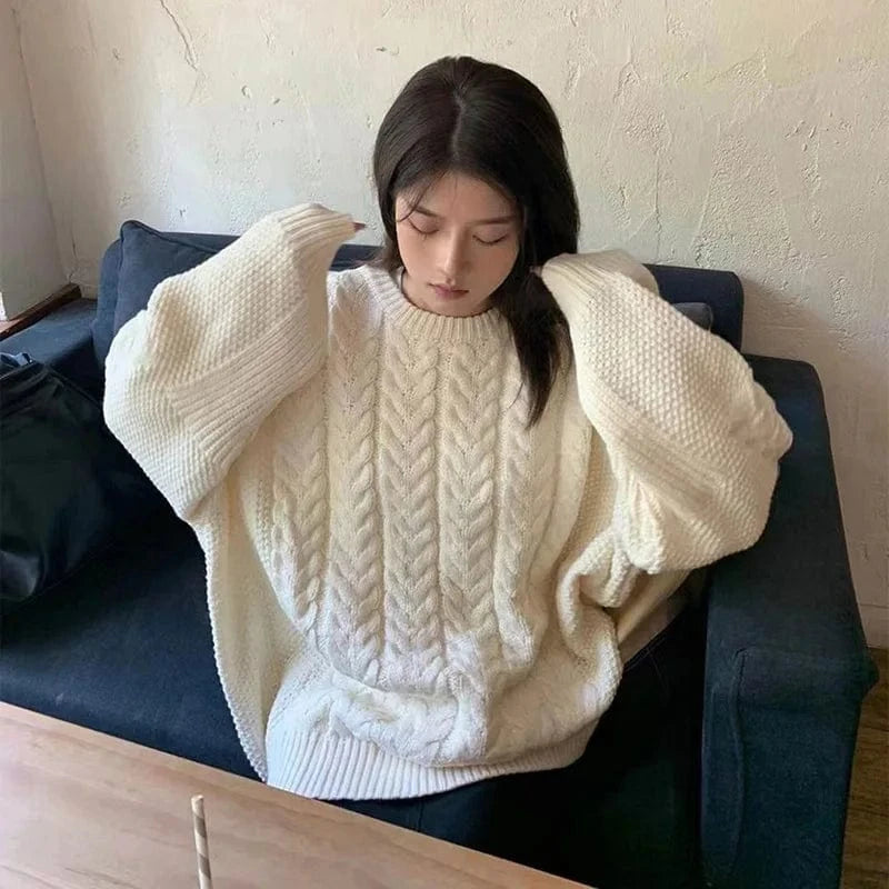 Free / White 2024 Autumn new arrival fashion girls crew neck batwing sleeve plus size loose fit cable knit women sweaters