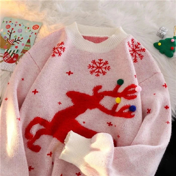 Free / White 2024 Autumn winter Christmas cartoon Moose sweater women's Korean version of loose and thick round neck wear sweater top