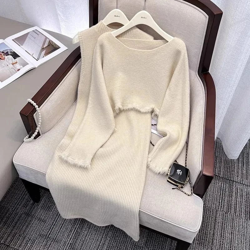Free / White 2024 Spring new arrival fashion lady boat collar long sleeve loose top and mock collar sleeveless dress set