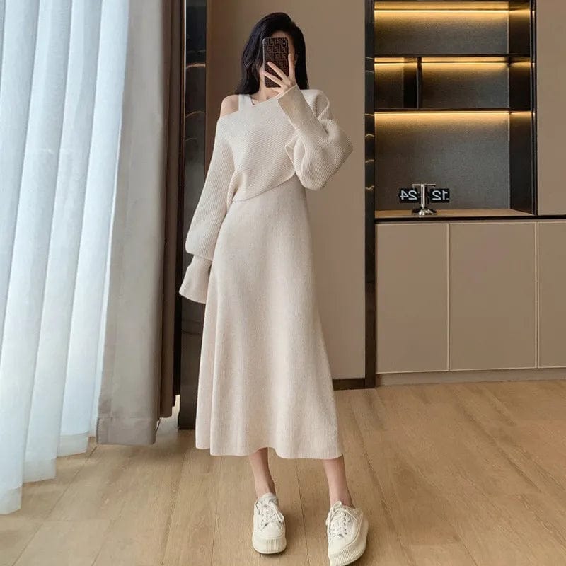 Free / White 2024 Spring new arrival fashion lady V neck sleeveless long dress and U neck long sleeve oversize sweater twin set