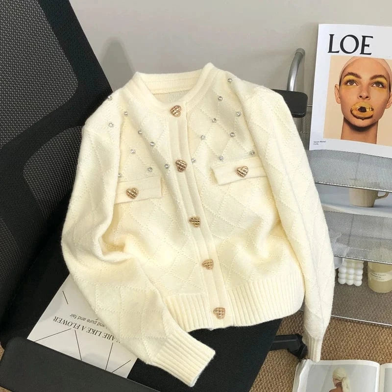 Free / White 2024 Spring woman new arrival crew neck long sleeve elegant cardigan beading sweater coat