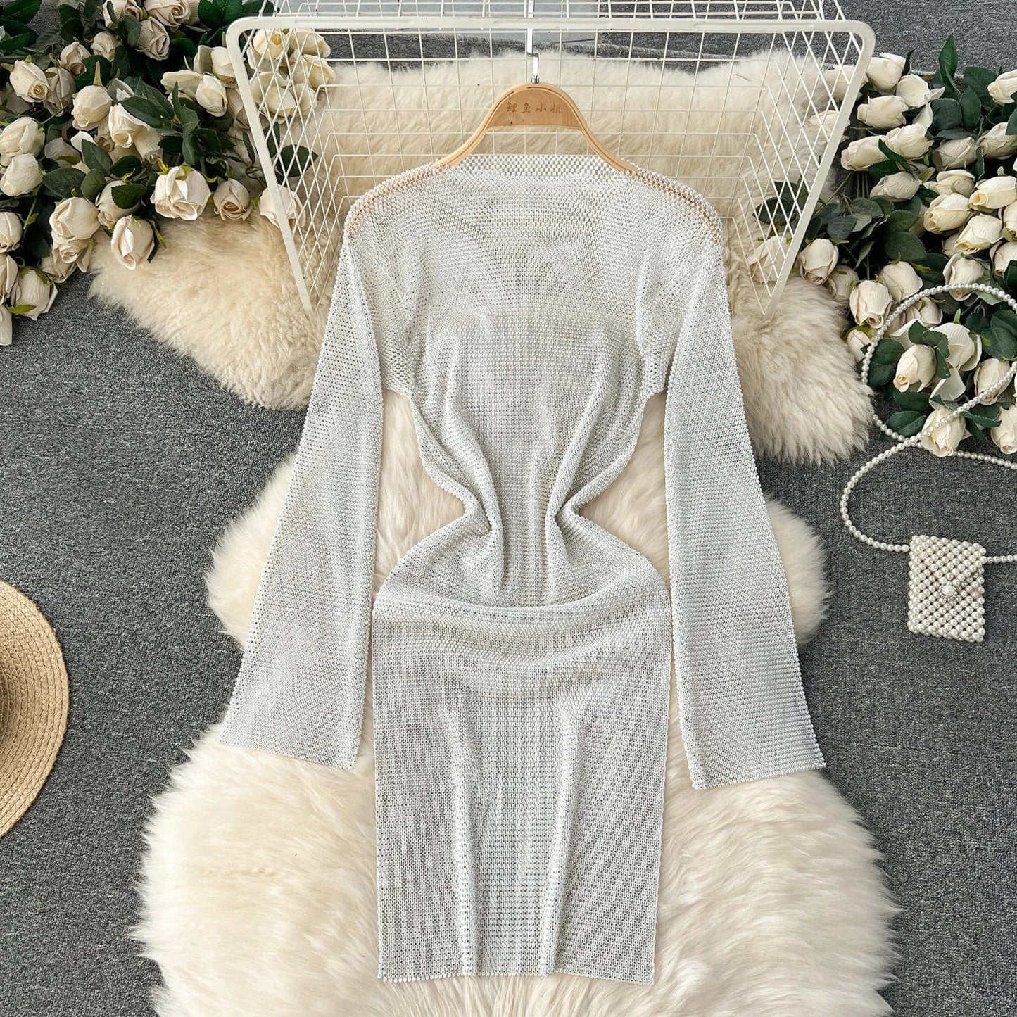 Free / White 2024 Spring Y2k O-neck Midi Dress For Women Long Sleeve Empire Patchwork Hollow Out Lace Dresses Ladies Elegant Dresses