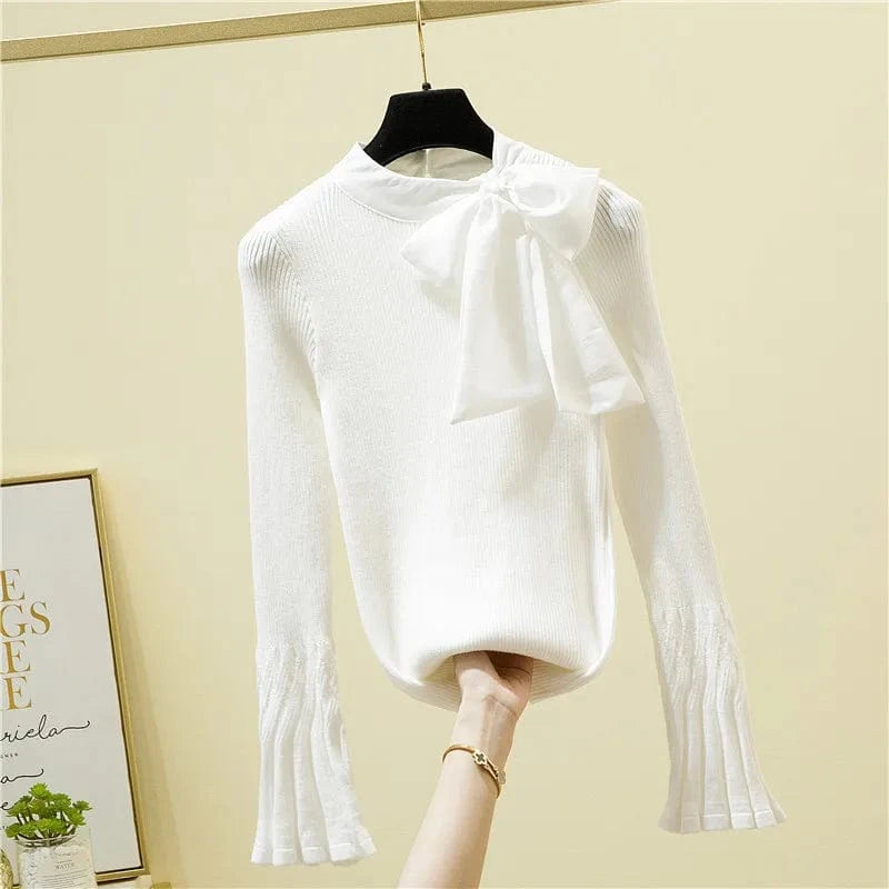 Free / White French Style Bow Flare Sleeve Pullovers Women 2024 Temperament Slim Bottoming Sweater Ladies Simple All-Match Jumper Knitwear