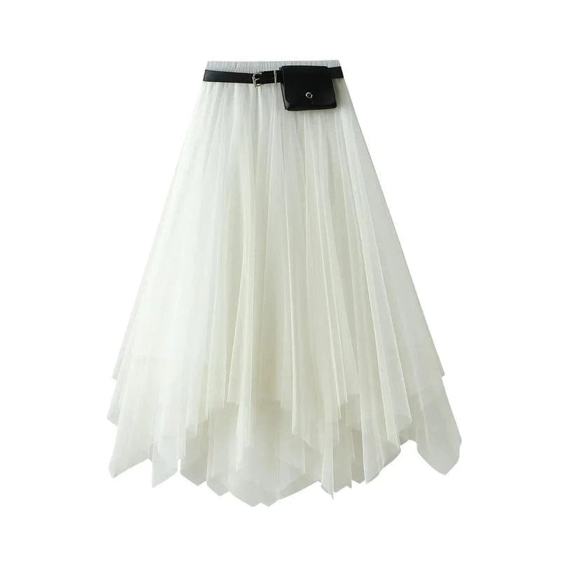 Free / White Irregular Tutu Skirts Women With Belt Princess Fairy Large Hem Dance Pleated Mesh Tulle Mid-Calf Skirt Vintage Korean Faldas