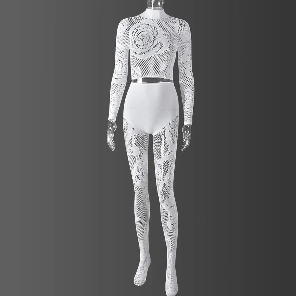 Free / White Mesh Sheer Two Piece Set Women Clothes 2024 Long Sleeve Crop Top Sexy Club Black See Through Legging Pants Set