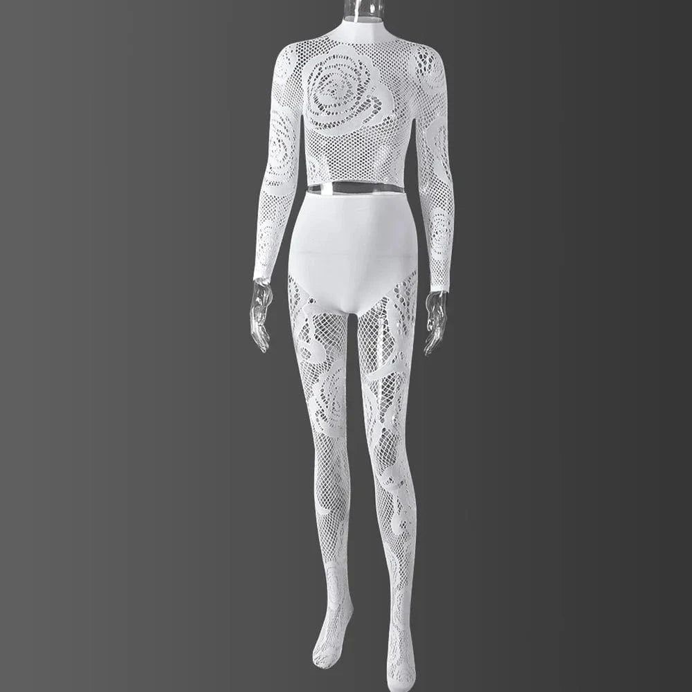 Free / White Sheer Tights Set Two Piece Women Sexy Mesh Flower Long Sleeve Tops + High Waist Seamless Pantyhose Leggings Nylon Suits