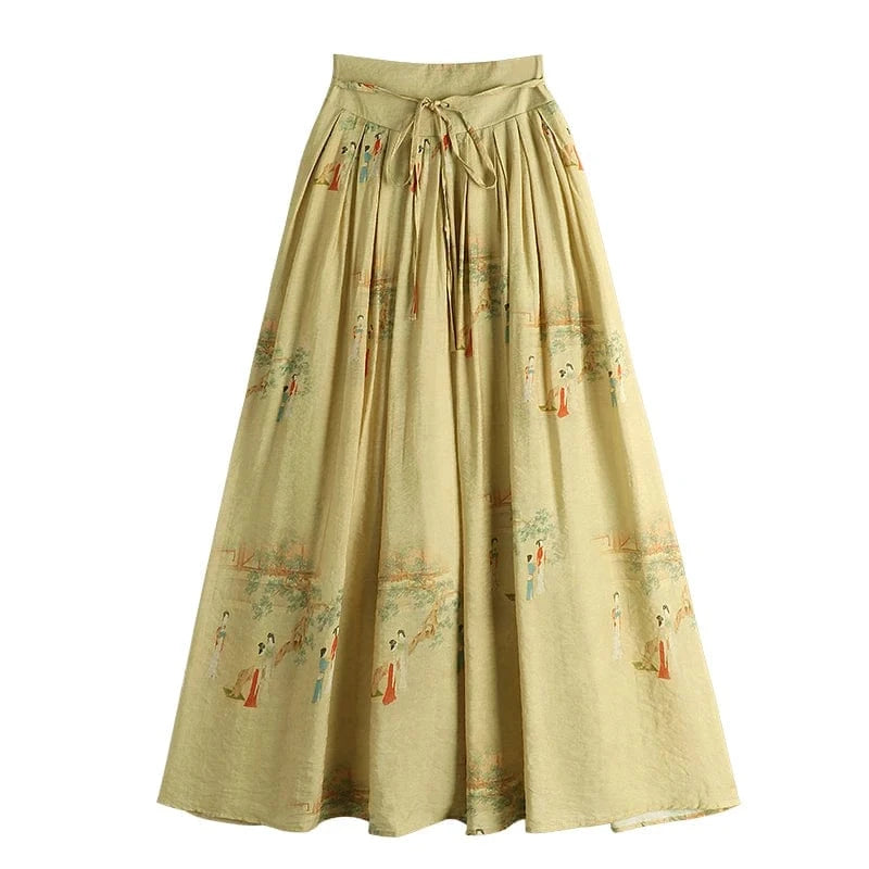Free / Yellow 2023 Summer A-line Skirts for Women Floral Printed Vintage Elegant Sashes Long Mid-Calf Pleated Skirt Ladies Sweet Fashion Jupes