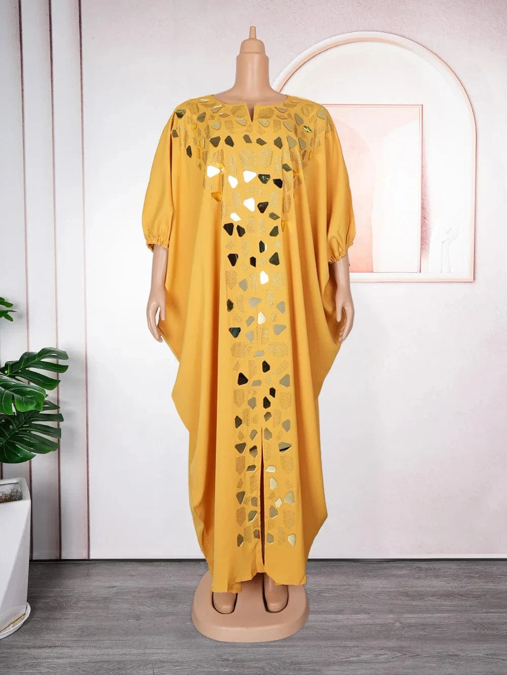 Free / Yellow S10050 Africa Clothing Plus Size Kaftan Dresses Women Robes Femme Abaya Rhinestone Irregular Bat Sleeve Loose Boubou Dresses