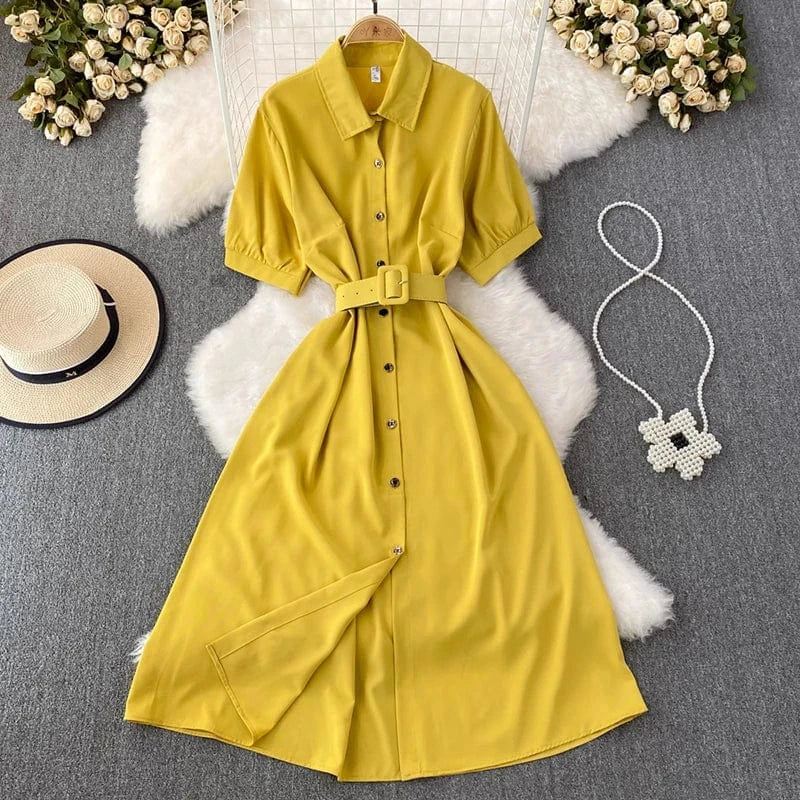 Free / Yellow Summer Office Ladies Elegant Midi Dress Single-breasted Short Sleeve Shirt Dresses for Women With Belt New Fashion A-line Robes