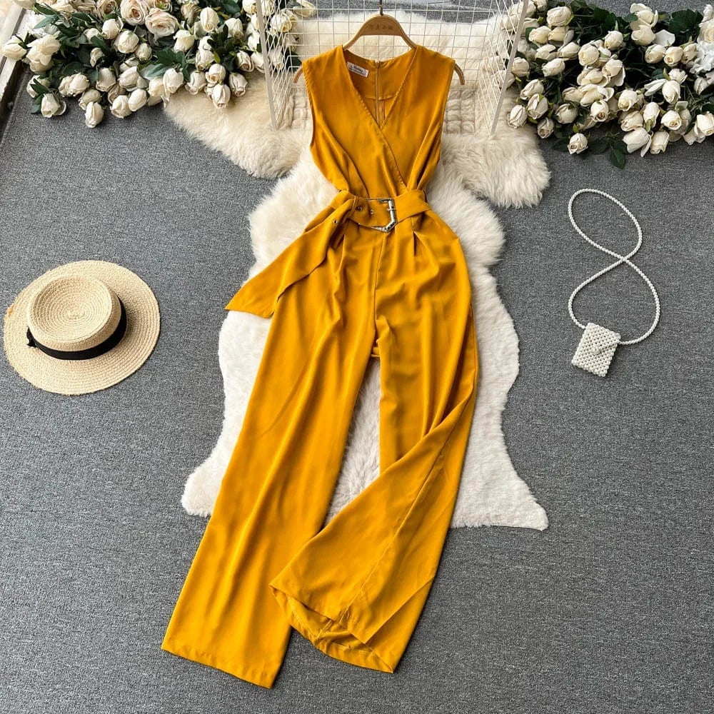 Free / Yellow V-neck Solid Casual Long Jumpsuits Autumn Jump Suits Ladies Elegant Overalls One Piece Wholesale