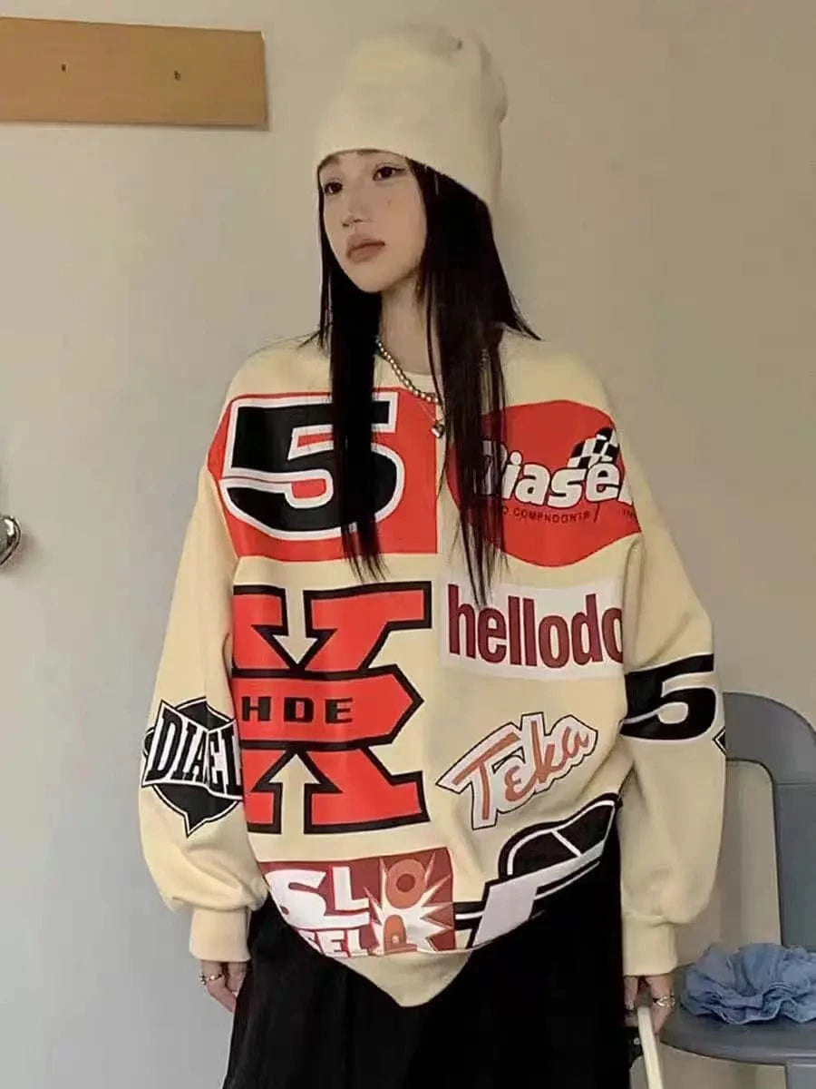 Free / Z1008ST Apricot top Bomblook Z1008ST Streetwear Graphic Print Oversized Pullover Shirt and Bodycon Mini Skirt Casual 2 Piece Set Women Outfits