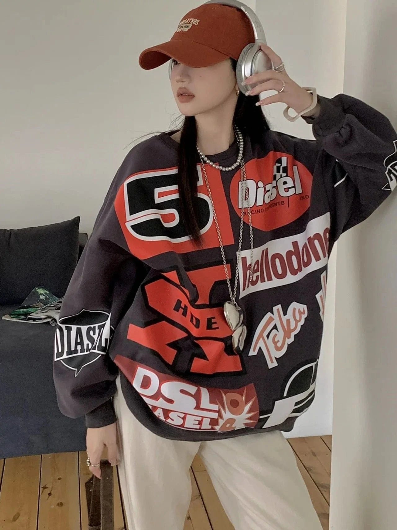 Free / Z1008ST Gray top Bomblook Z1008ST Streetwear Graphic Print Oversized Pullover Shirt and Bodycon Mini Skirt Casual 2 Piece Set Women Outfits