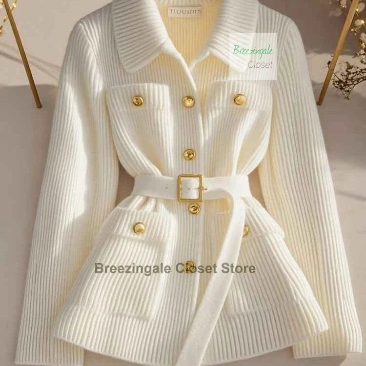 French fashion high-end white knitted cardigan top for women's spring new design, casual soft and sticky sweater jacket