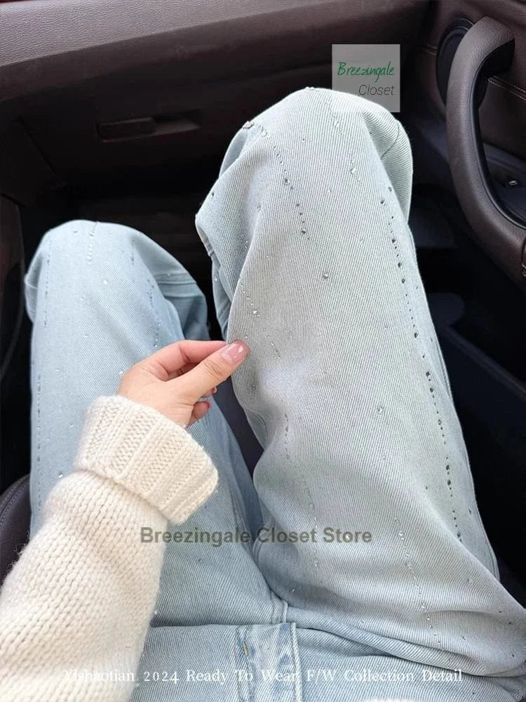 French heavy industry hot stamping light blue jeans for women's spring new design, fashionable and slimming straight leg pants