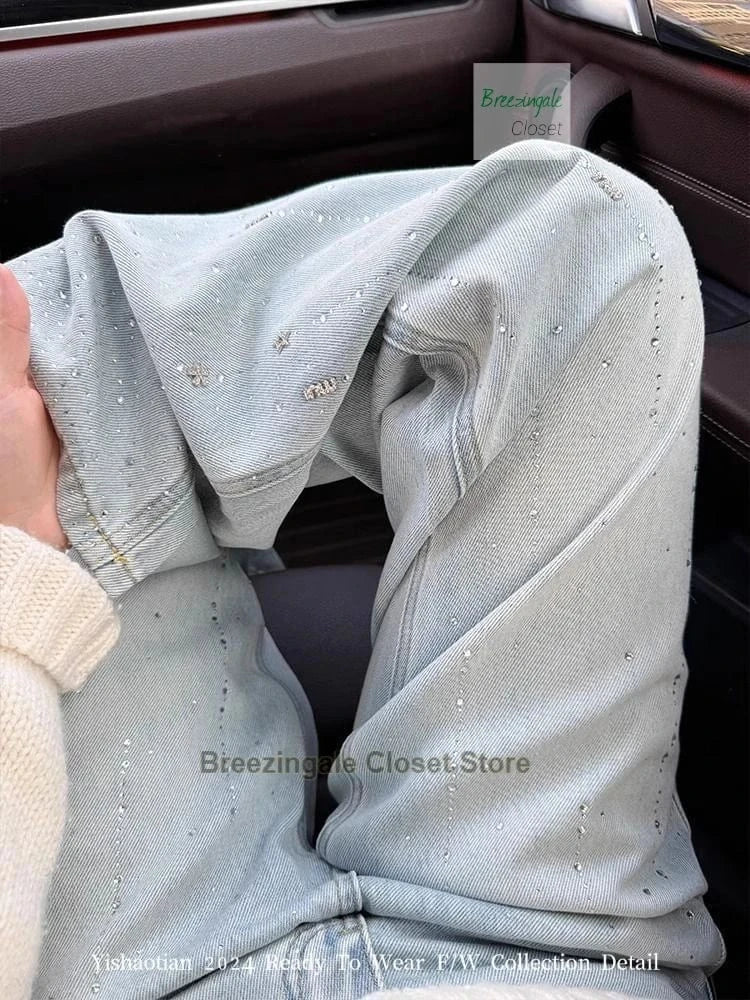 French heavy industry hot stamping light blue jeans for women's spring new design, fashionable and slimming straight leg pants
