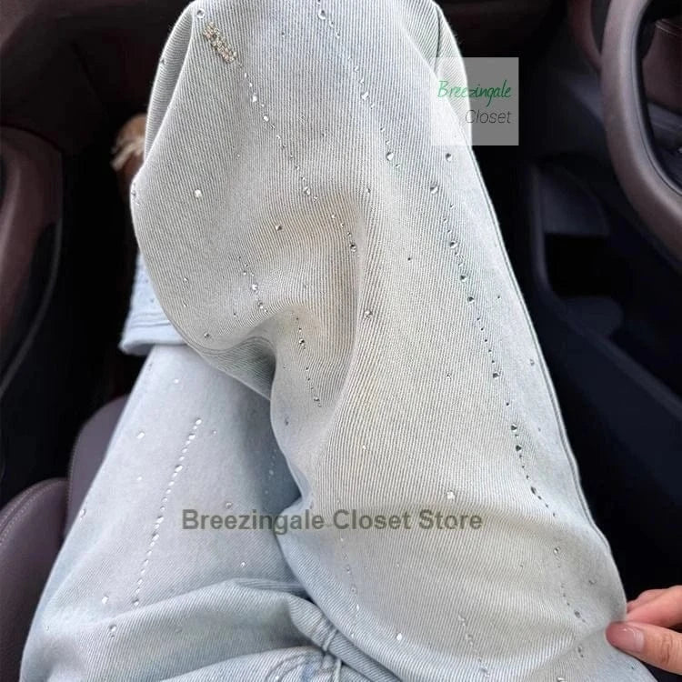French heavy industry hot stamping light blue jeans for women's spring new design, fashionable and slimming straight leg pants
