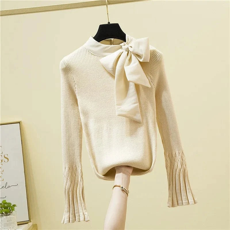 French Style Bow Flare Sleeve Pullovers Women 2024 Temperament Slim Bottoming Sweater Ladies Simple All-Match Jumper Knitwear