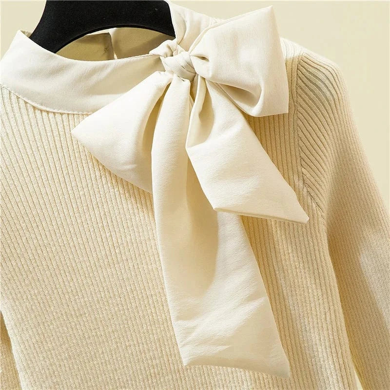 French Style Bow Flare Sleeve Pullovers Women 2024 Temperament Slim Bottoming Sweater Ladies Simple All-Match Jumper Knitwear