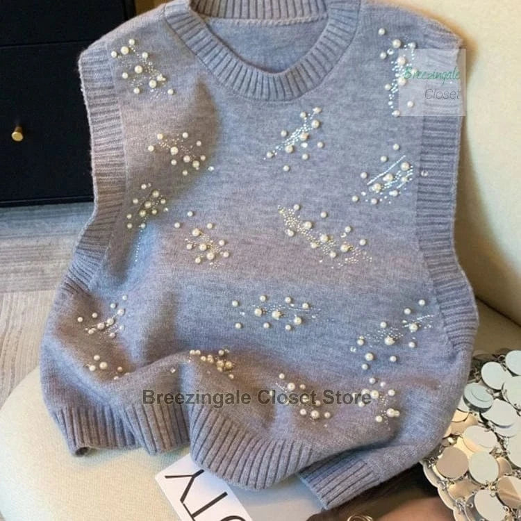 French style design nail bead inlaid diamond knitted vest for women's spring new style, sleeveless camisole top for outerwear
