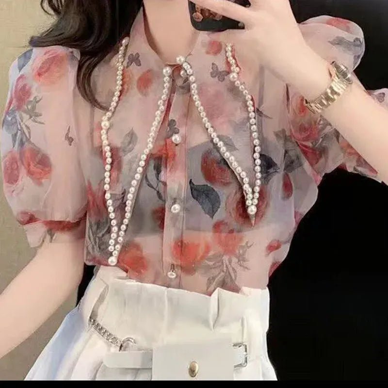 French - style fashion shirt women's summer new niche design sense printing large pointed collar heavy beaded short - sleeved shirt - SN Wigs & More