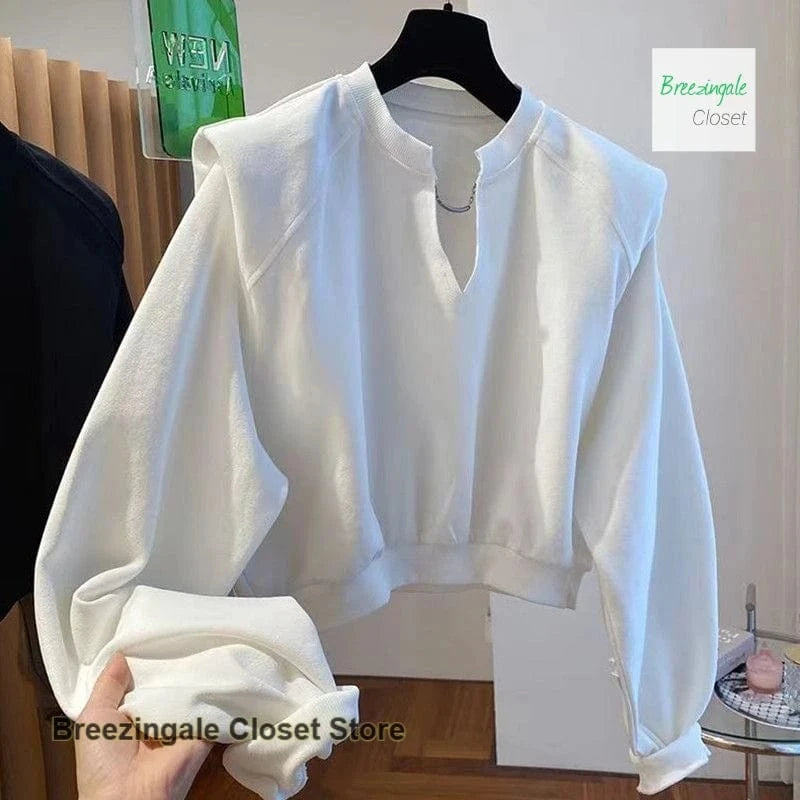 French style V-neck shoulder pads short sweater women's spring and autumn new fashion casual loose niche bottoming shirt