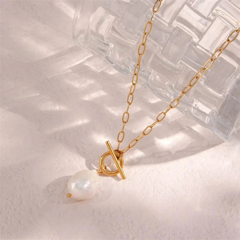 Freshwater Baroque Pearl Necklace for Women Paperclip Chain Necklace Stainless Steel Long Box Square Chain Long Choker
