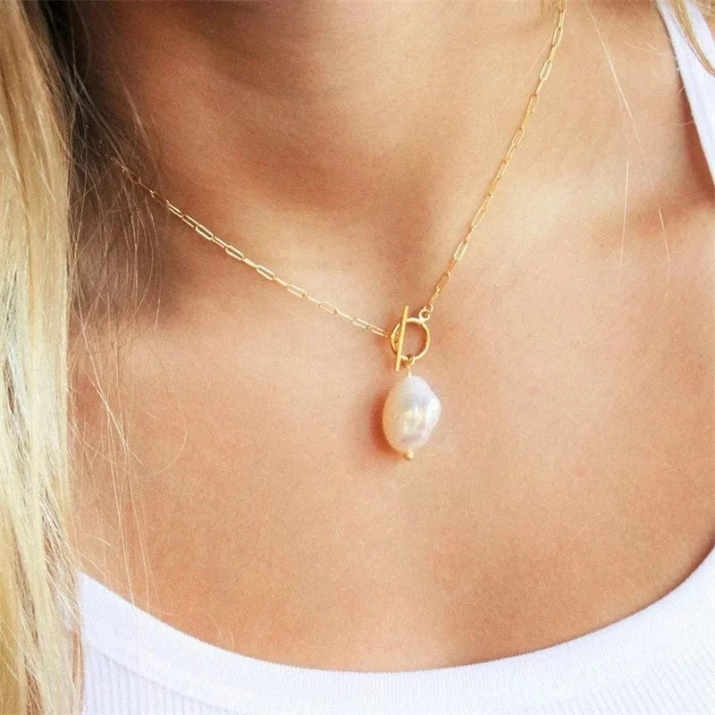 Freshwater Baroque Pearl Necklace for Women Paperclip Chain Necklace Stainless Steel Long Box Square Chain Long Choker
