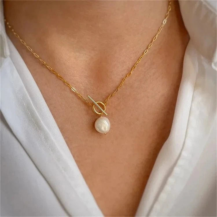 Freshwater Baroque Pearl Necklace for Women Paperclip Chain Necklace Stainless Steel Long Box Square Chain Long Choker