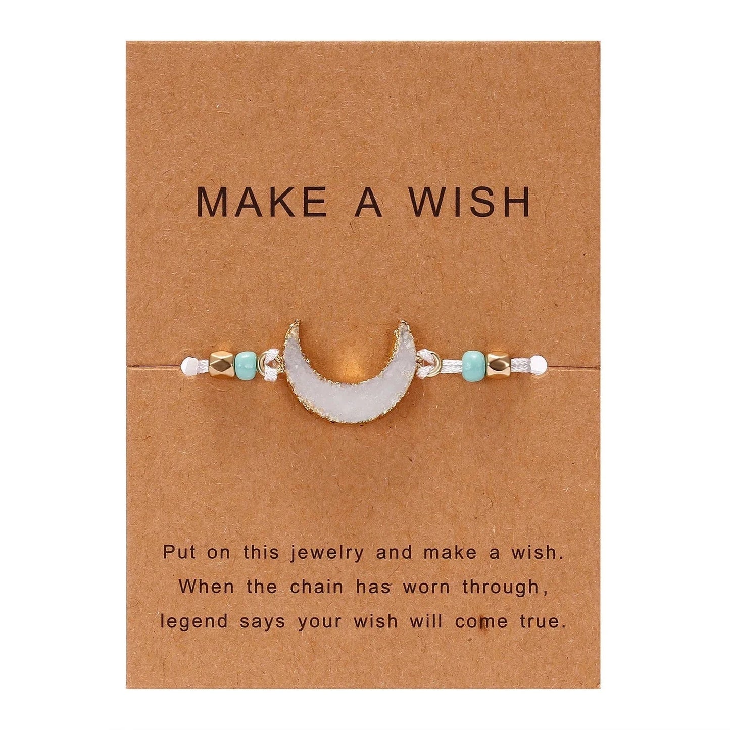 Friendship Women Make A Wish Crystal Natural Stone Quartz Bracelet Stars Moon Gold Alloy Adjustable Paper Card Bracelet