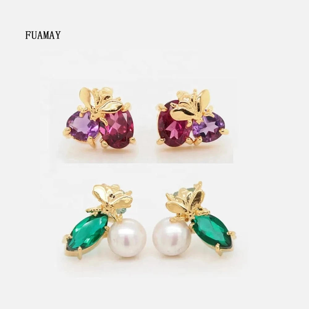FUAMAY Hawaiian Pearl Earrings with Colorful Blue Sapphire Bee Earrings Big Freshwater Pearl Earrings 18k gold plated