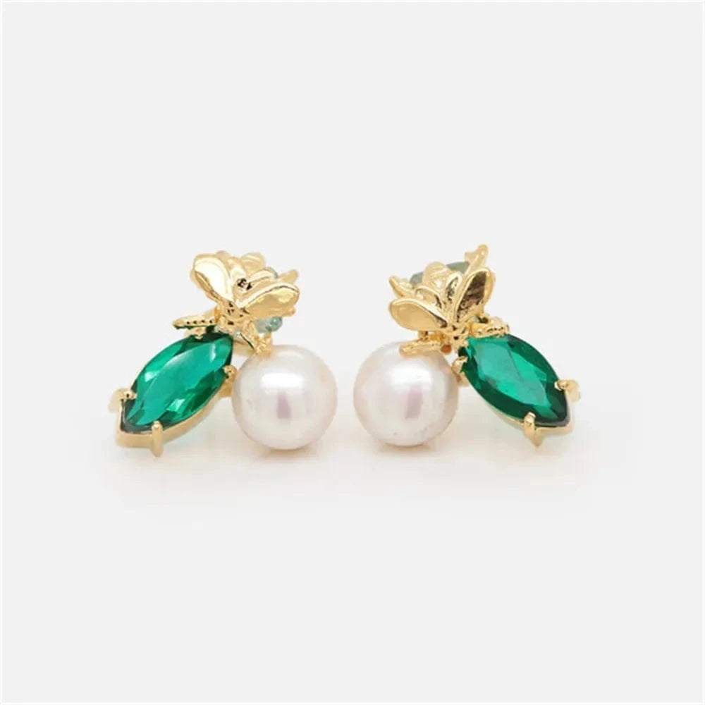 FUAMAY Hawaiian Pearl Earrings with Colorful Blue Sapphire Bee Earrings Big Freshwater Pearl Earrings 18k gold plated