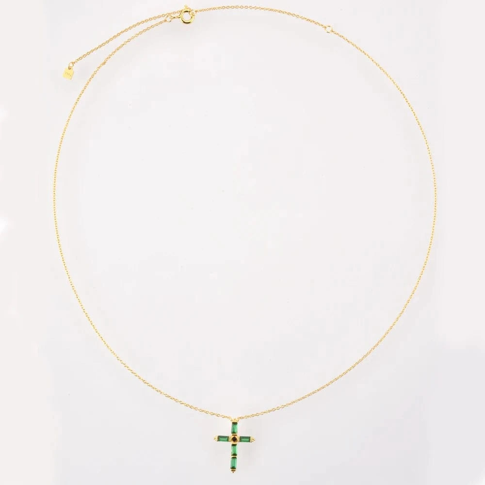 FUAMAY Silver 925 Cross Necklace Green Emerald Baguette Stone Cross Statement Necklace Chunky