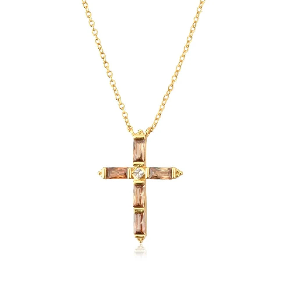 FUAMAY Silver 925 Cross Necklace Green Emerald Baguette Stone Cross Statement Necklace Chunky