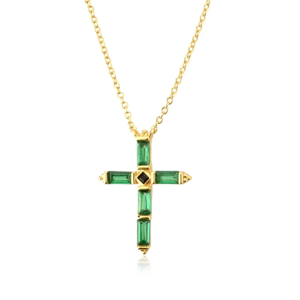 FUAMAY Silver 925 Cross Necklace Green Emerald Baguette Stone Cross Statement Necklace Chunky