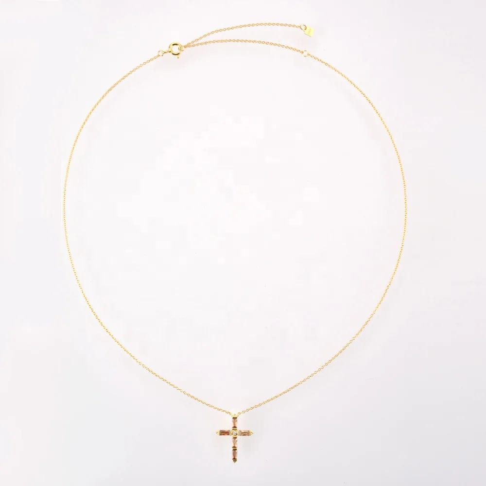 FUAMAY Silver 925 Cross Necklace Green Emerald Baguette Stone Cross Statement Necklace Chunky