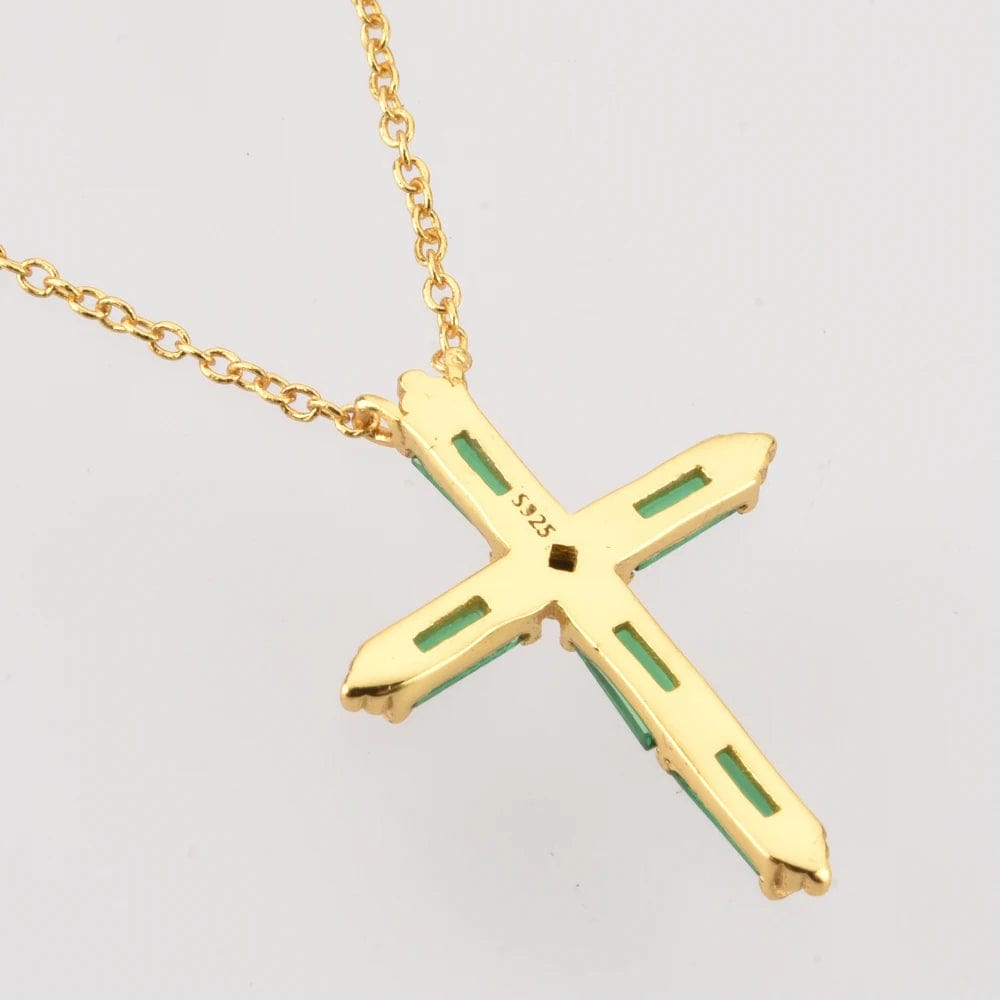 FUAMAY Silver 925 Cross Necklace Green Emerald Baguette Stone Cross Statement Necklace Chunky