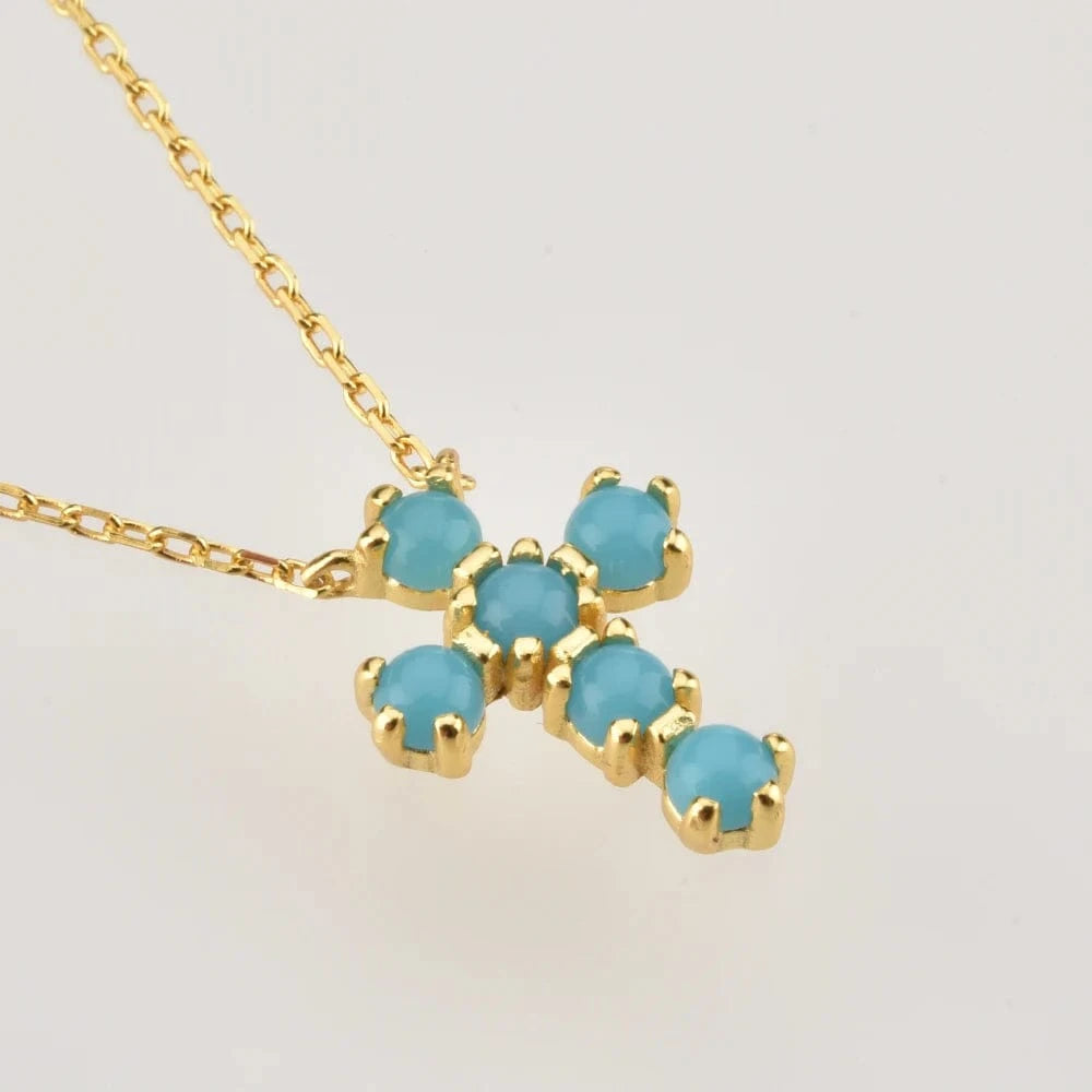 FUAMAY Western Turquoise Jewelry Sets Natural Blue Turquoise Stone Cross Statement Necklace Earrings Rings