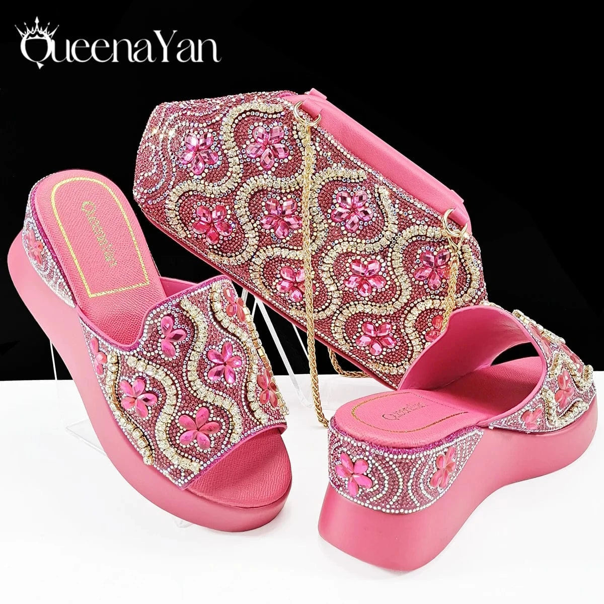 Fuchsia / 38 / CHINA Queena Yan High Quality 2025 Newst Hot Selling Open Toe Slingback Sandals with Bag Set in Green Color For Women Wedding Party