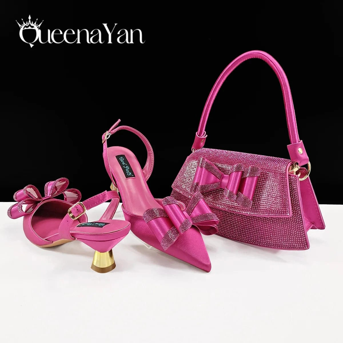 Fuchsia / 38 / CHINA Queena Yan latest Italian women's shoes and accessories bag rhinestone butterfly decoration elegant pointed toe wedding bridal