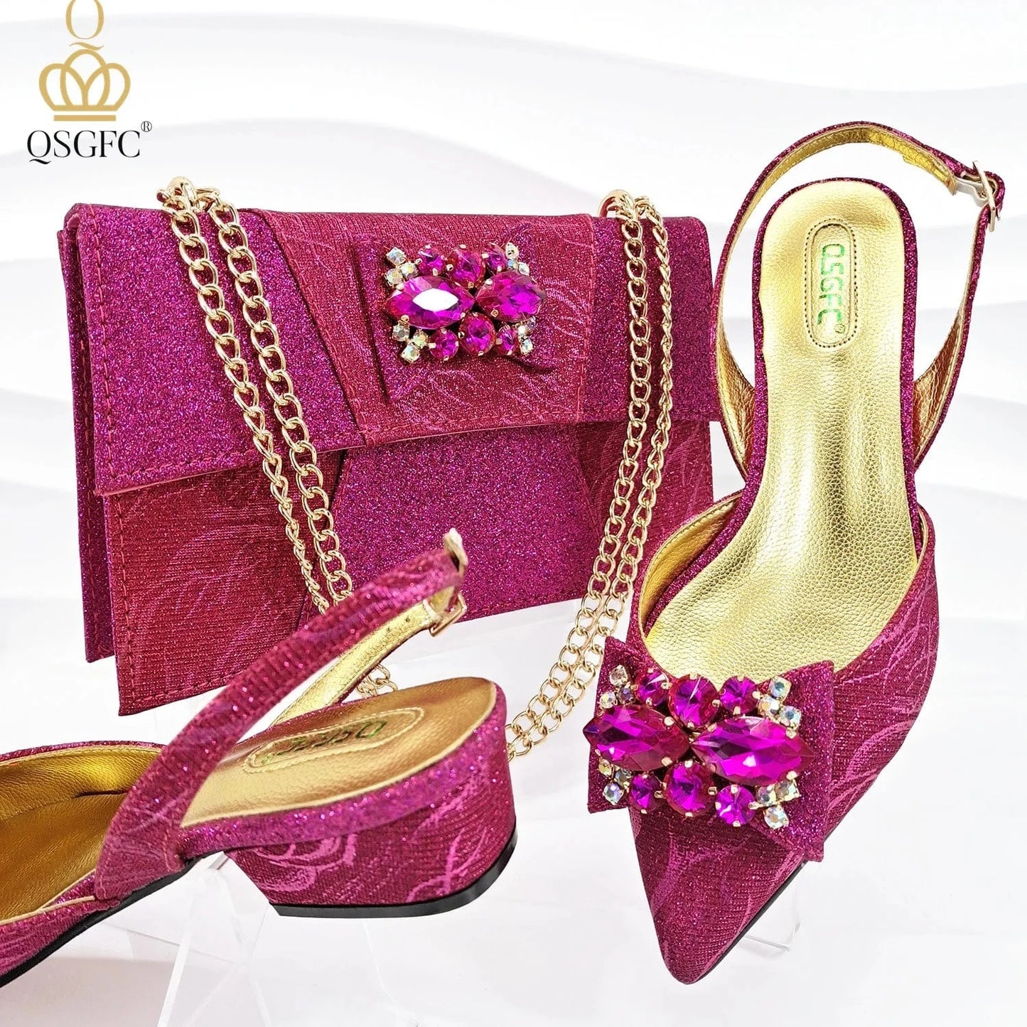 FUCHSIA / 38 Italian Design Elegant Evening Shoes And Bag Set African Crystal Comfortable Shoes And Capacity Bag Commuter Women's Shoes