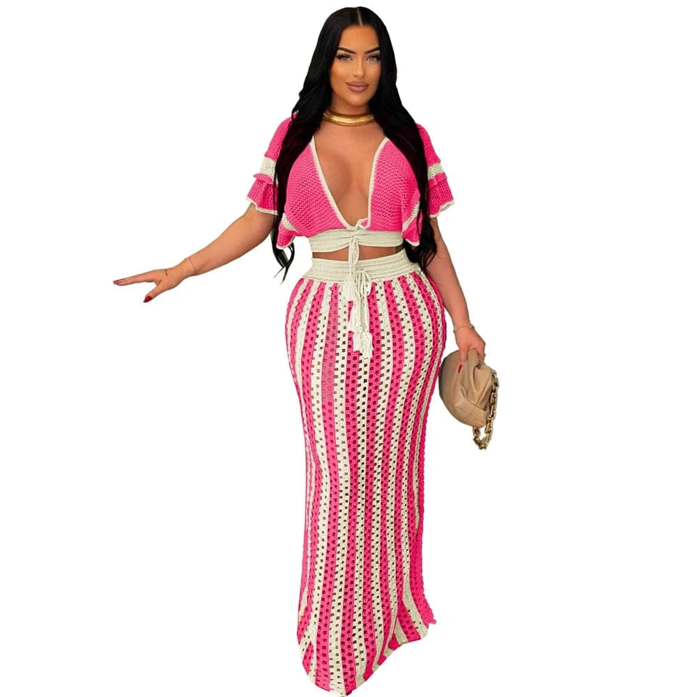 Fuchsia / M Summer 2 Pieces Women Vacation Outfits Striped Knitted Dress Sets Hollow Out Long Skirts and Short Sleeve V-Neck Crop Tops Set