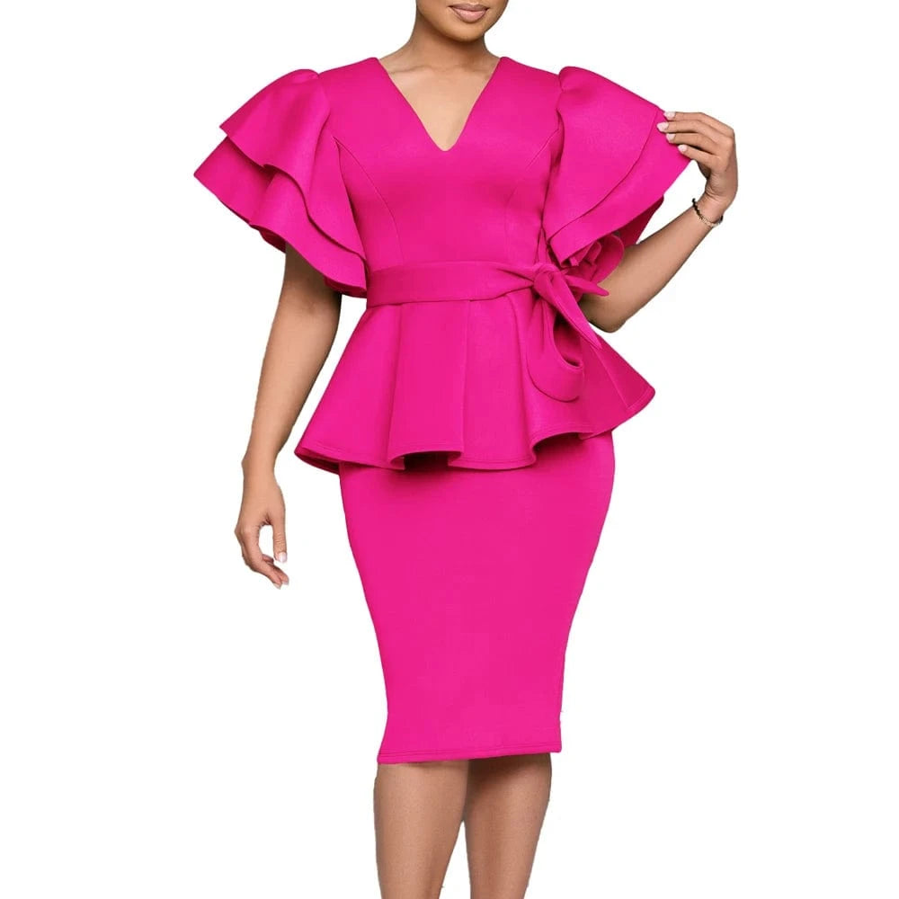 Fuchsia / M Women Short Sleeve V-Neck Ruffle Sleeve Peplum Bodycon Midi Dress 2025 Latest Fashion Summer African OL Work Evening Party Dress