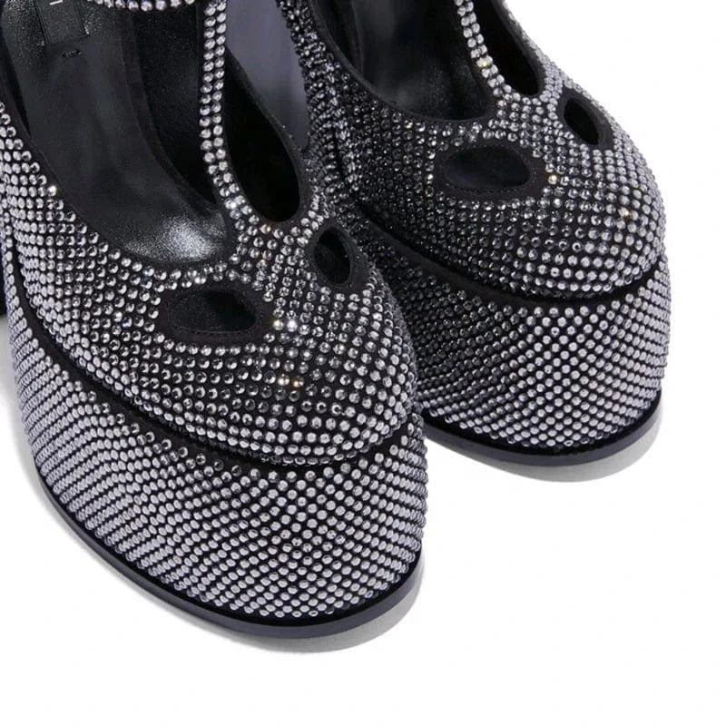 Full Diamonds Women Super High Platform Shoes Chunky Heels T-strap Sandals Round Toe Shiny Rhinestone Pumps