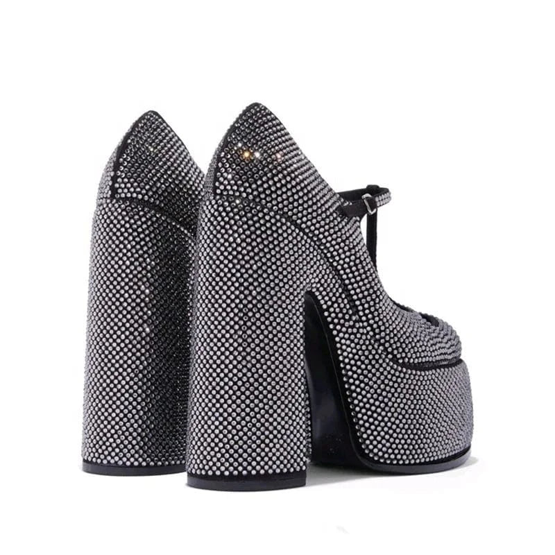 Full Diamonds Women Super High Platform Shoes Chunky Heels T-strap Sandals Round Toe Shiny Rhinestone Pumps